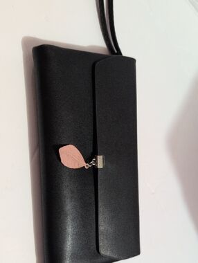 Black Leather Clutch with Pink Leaf Charm